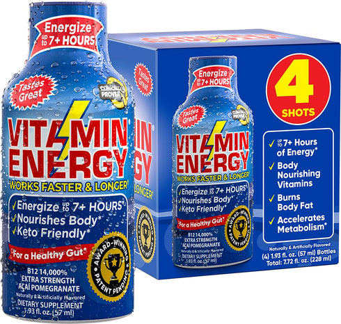 Vitamin Energy B12 Energy Drink Shots, Acai Pomegranate Flavor, Up to 7+ Hours of Energy, 1.93 Fl Oz, 4 Count...