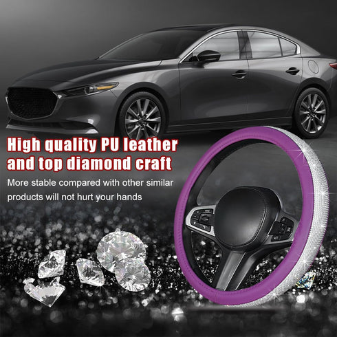 Bling Car Steering Wheel Cover, Sparkling Crystal Rhinestone Auto Wheel Protector, Anti Slip Cover Fit 15 Inch Steering Wheel for Women Girls, Uni...