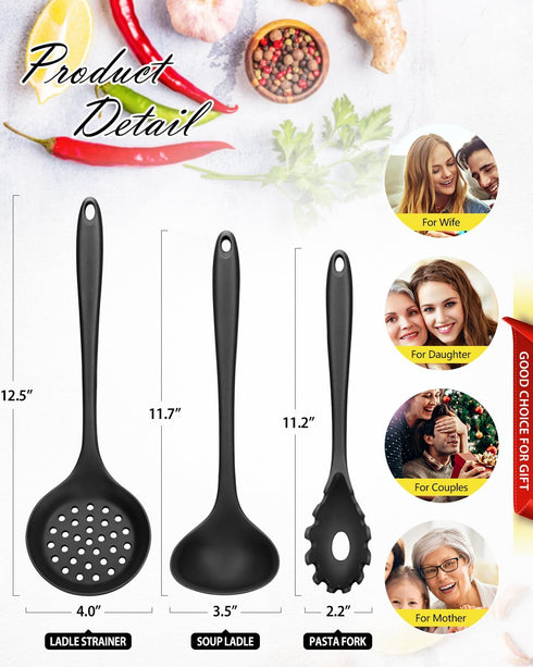 3 Pcs Silicone Kitchen Utensils Set, Soup Ladle-Pasta Fork-Slottede Spoon, Nonstick BPA Free High Heat Resistant Cooking Utensils for Mixing, Serv...