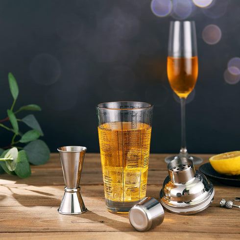 Glass Cocktail Shaker Printed with Recipes,14 oz Martini Shaker with Double Measuring Jigger,18/8 Grade Stainless Steel Mixing Shaker,Leak-Proof L...