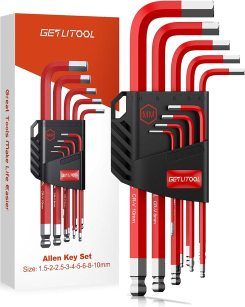 GETLITOOL 9PCS Allen Wrench Set, Metric Allen Key Set 1.5-10mm, Long Ball End Hex Key Set L-key with Size-marked & Storage Bracket for Bike Repair...