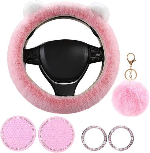 1 Sets 6 Pieces Fluffy Steering Wheel Cover for Women Girls, Includes Soft Fur Steering Wheel Cover Car Coaster Plush Keychain Rhinestone Ring Sti...
