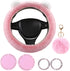 1 Sets 6 Pieces Fluffy Steering Wheel Cover for Women Girls, Includes Soft Fur Steering Wheel Cover Car Coaster Plush Keychain Rhinestone Ring Sti...
