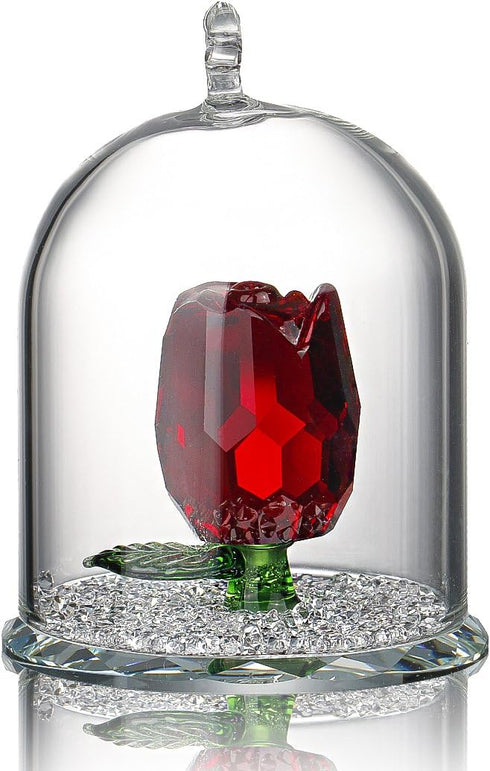H&D HYALINE & DORA H&D Crystal Rose Flower Figurine Dreams Ornament in a Glass Dome Gifts for her (Red)...