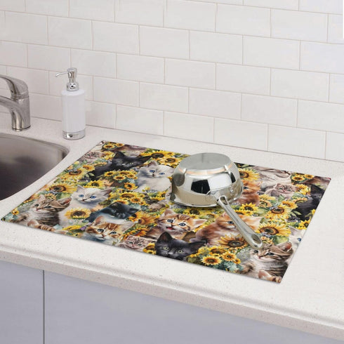 Cute Cat Dish Drying Mat for Kitchen Counter Cute Kitchen Mat Microfiber Kitchen Countertop Absorbent Reversible Drainer Rack Pad Dish Drying Mat ...