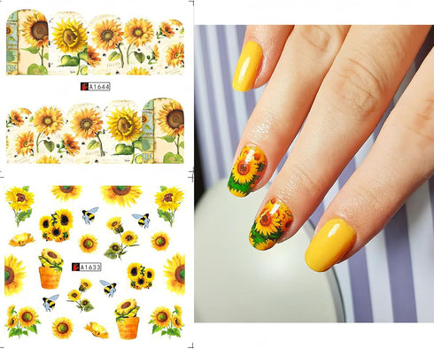 Flower Nail Art Stickers Decals Spring Summer Floral Nail Art Supplies Water Transfer Sunflower Bee Butterfly Design Yellow Flowers Nail Accessori...