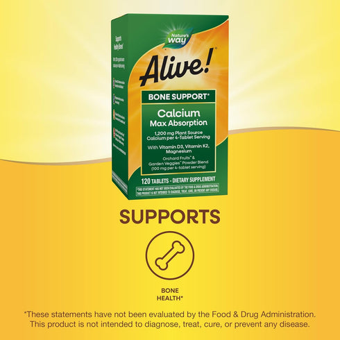 Nature's Way Alive! Calcium Max Absorption, Bone Support*, Plant Source Calcium, Vitamin D3 & K2, Magnesium, 120 Tablets (Packaging May Vary)...