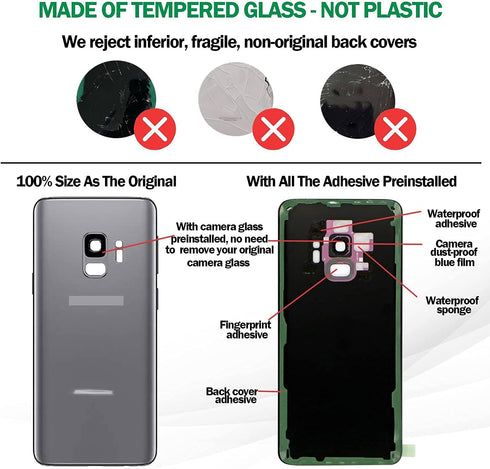 Galaxy S9 Rear Glass Replacement Back Cover with Pre-Installed Camera Lens + All The Adhesive + Installation Manual + Repair Tool Kit for Samsung ...