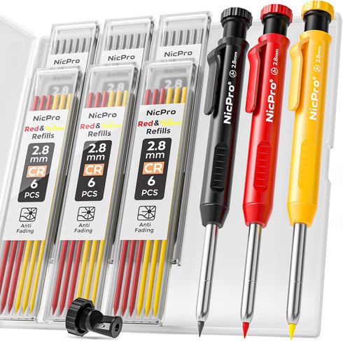 Nicpro 3 Pack Carpenter Pencil with Sharpener, Mechanical Carpenter Pencils with 39 Refills, Deep Hole Marker Construction Heavy Duty Woodworking ...