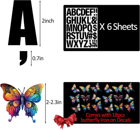 6 Sheets 264 Pieces Iron On Letters for Clothing, 2 Inch Heat Transfer Letters with A-Z Iron On Vinyl Letters with 18 Pieces Butterfly Press On De...