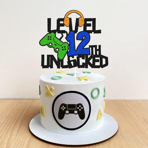 Level 12th Unlocked Cake Topper, Happy 12th Birthday Level Up Cake Decoration, Video Game Controller Play Game Theme, Boy’s Twelfth Birthday Party...