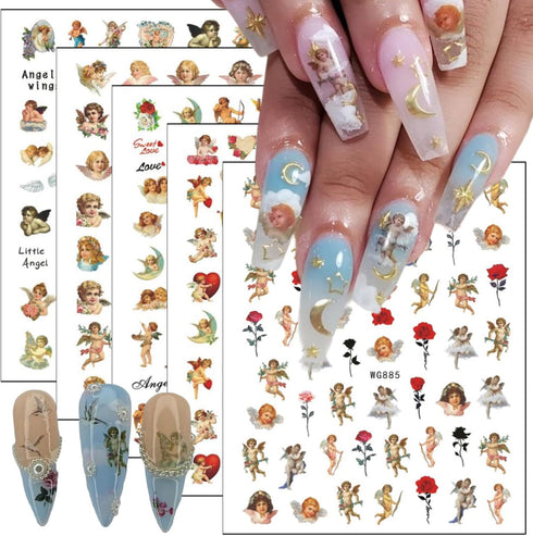 8 Sheets Angel Nail Stickers for Nail Art 3D Love God Cupid Nail Art Stickers Self-Adhesive Heart Rose Nail Supplies Cupid Angel Wings Flower Nail...