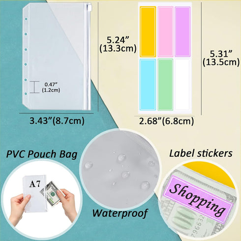 A7 Binder Soft PVC with Bubble 6-Ring Mini Binder, with Mini Binder Pockets x8 Zipper Envelopes, Budget Sheets x12, Cash Envelope Sticker x42, Lab...