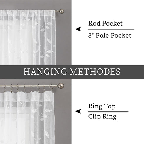 Tollpiz White Leaf Sheer Tier Curtain Leaves Embroidered Kitchen Curtains Rod Pocket Voile Bathroom Window Treatment for Cafe, 30 x 36 inches Long...
