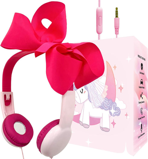 Priness bots Wired Kids Headphones with Mic for School/Travel,95dB Volume Limited,Shareport,On/Over Ear Bow Headsets with Nylon Cable (Pink)...