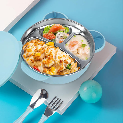 Stainless Steel Baby Feeding Bowl, Toddler Suction Plate with Lid Spoon and Fork, Perfect for Children (Blue)...