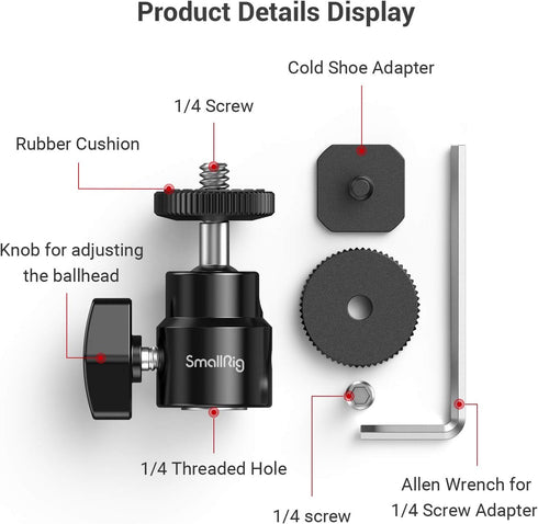 SmallRig 1/4" Camera Hot Shoe Mount, Ballhead Tripod with Additional 1/4" Screw, 2pcs Pack - 2059...