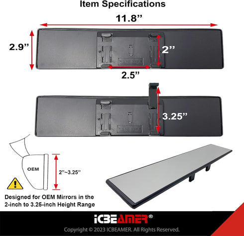 11.8" ICBEAMER Clip On Rear View Mirror | Flat Clear Tint Glass, Panoramic Wide Angle HD Glass, Anti Glare, Universal Fit for Car, SUV, Truck | El...