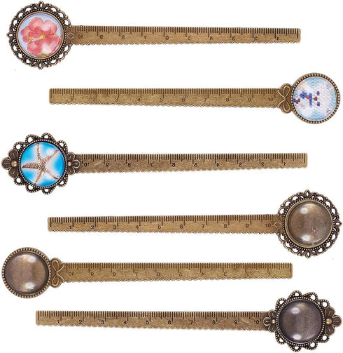 SUNNYCLUE 12PCS DIY 6 Sets Ruler Bookmark Pendant Tray Kit Round Bookmark Cabochon Setting Blanks with Clear Domed Glass Cabochon for DIY Alloy Bo...