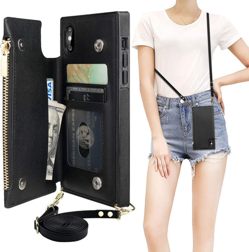 Bocasal Crossbody Wallet Case for iPhone X Xs with Card Holder,Zipper Card Slot Protector Shockproof Purse Cover with Removable Cross Body Strap 5...
