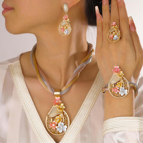 Gold Jewelry for Women Luxury African Dubai 18k Gold Plated Jewelry Sets Wedding Crystal Flower Necklace Earrings Set for Bridal Party Chunky Neck...