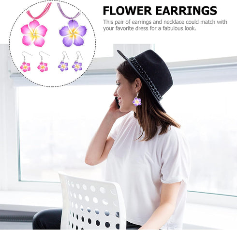 PRETYZOOM Hawaiian Leis 2 Sets Hawaii Theme Jewelry Set Simulation Clay Plumeria Flower Pendant Necklace Earrings Set Summer Beach Party Costume A...