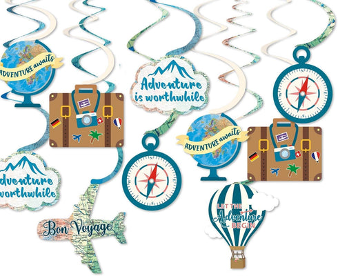 30CT Travel Themed Hanging Swirl Decorations Adventure Awaits Bon Voyage Farewell Retirement Themed Party Around The World Wedding Shower Party Ce...
