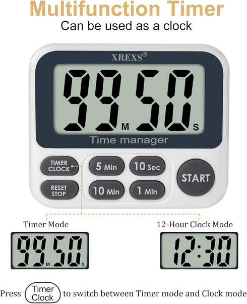 XREXS Digital Kitchen Timer, Magnetic Countdown Up Cooking Timer Clock with Large LCD Display, Adjustable Volume, Loud Alarm & Strong Magnet Class...