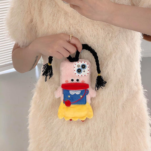 for iPhone 14 Phone Case Cute,Kawaii 3D Cartoon DIY Hair Braids Girl Plush Case Furry Winter Warm Shockproof Protective Case Funny for iPhone 14 W...
