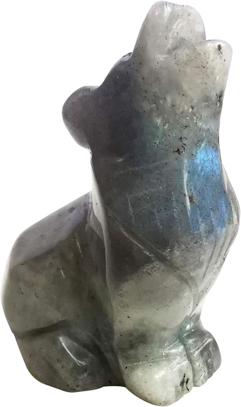 Natural Moonstone Wolf Crystal Figurine, Hand Carved Stone Animal Statues for Home Decor 2.5 Inches...
