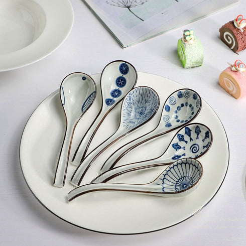 Ceramic Soup Spoons Set of 6 Asian Soup Spoon Ceramic Ramen Spoons, Long Handle Japanese Soup Spoon for Dumpling, Noodles, Miso, Chinese Wonton...