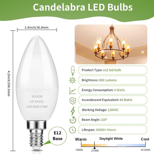 LED Candelabra Bulbs, E12 Ceiling Fan Light Bulbs Small Base, 6W Equivalent 60W, 600 Lumens Warm White 2700K, B10/B11 Type B Chandelier Light Bulb...