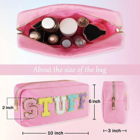 Preppy Patch Makeup Bag,Nylon Cosmetic Preppy Makeup Stuff Bag with Zipper,Stoney Clover Chenille Varsity Letter Stuff Bag,Travel Organizer Make U...