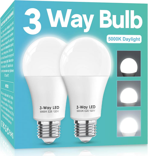3 Way LED Light Bulbs 50 100 150W Equivalent, Daylight White 5000K 3 Way Light Bulbs, A19 Three Way Light Bulbs,E26 Base 3-Way Light Bulbs for Rea...