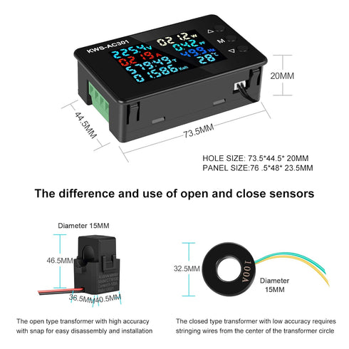 AC Voltmeter Ammeter AC 50-300V 0-100A Digital AC Multimeter 110V 220V LCD HD Display Current Voltmeter with Closed Current Transformer 8 In 1 Mul...