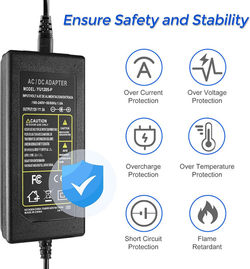 12V 5A LED Power Supply, 60W Power Adapter, 12V Power Supply for LED Strip Lights Security Camera DVD Player, 100-240V AC to 12V DC Transformer wi...