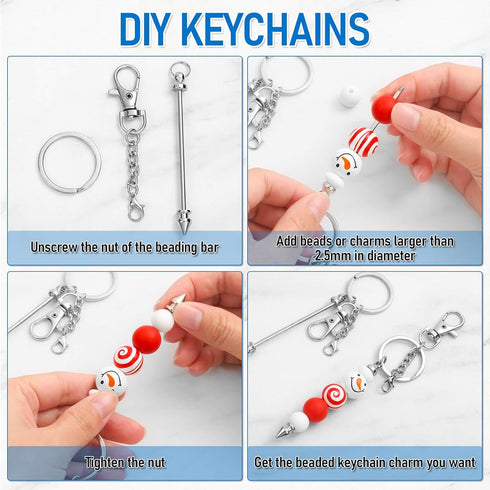 12 Pcs Beadable Keychain Bar, Silver Bead Keychain Beaded Keychain for Pendant DIY, Alloy Blank Keychain Accessories Bulk for Keychain Making Supp...