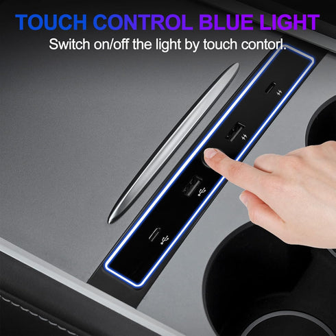 CICMOD Car USB Charger for Tesla Model 3/Y 2021 2022 2023 Multi Port USB Hub Docking Station with Touch Control Blue LED Light, Fit Center Console...