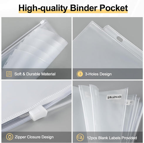 KTRIO Zipper Binder Pocket Letter Size 12 Pack, 3 Holes Zipper Binder Folder for 3 Ring Binder Insert, Clear PVC Loose Leaf Pouch 8-1/2"x 11 Docum...