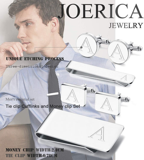 JOERICA 6 PCS Engraved Initial Cufflinks Tie Bar Money Clip Set Shirt Alphabet Letter Wallet Tie Clip and Cufflink Set...