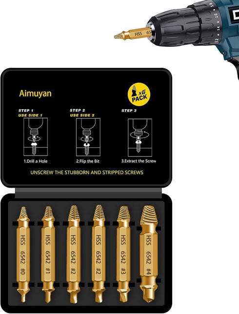 Damaged Screw Extractor Set- 6 psc HSS 6542 Stripped Screw Removal Tool, Stripped Screws Nuts & Bolts Drill Bit Tools for Easy Removal of Rusty & ...