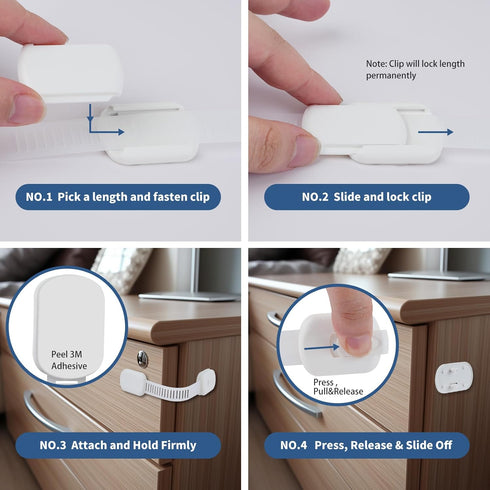 12 Pack Vkania Baby Proofing Cabinet Strap Locks - Child Safety Drawer Cupboard Oven Refrigerator Adhesive Locks - Adjustable Toilets Seat Fridge ...