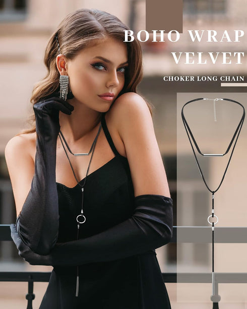 Sureio 6 Pcs Women Black Leather Velvet Long Choker Gothic Boho Brown Wrap Velvet Choker Long Chain Tassels Modern Choker with Velvet Bag for Girl...