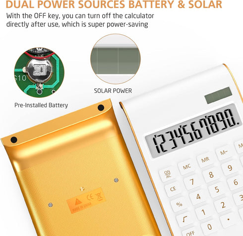 Calculators, Desktop Calculator with Large LCD Display, 10 Digits Solar Power Basic Office Calculator, Gold Office Desk Supplies and Accessories...
