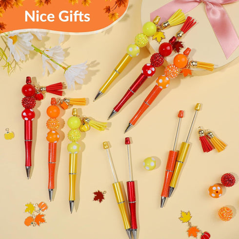 NEWEST 12 Pieces Fall Beadable Pens Bulk Thanksgiving Bead Pens with 36 Beads Fall DIY Pen Making Kit Black Ink Beaded Ballpoint Pens Kits for Tha...