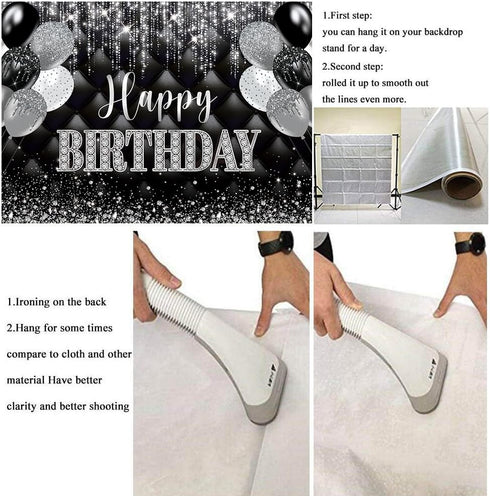 Black Silver Happy Birthday Banner Backdrop 7x5FT Black and Silver Party Decorations Silver Glitter Birthday Background for Women Men Birthday Par...