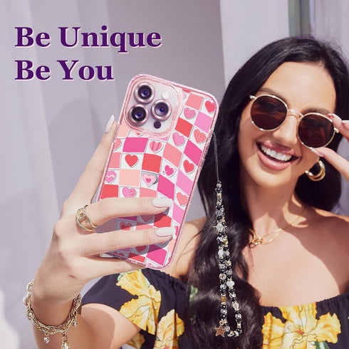 Compatible for iPhone 14 Pro Max Case Cute Aesthetic - Glitter Pink Phone Case with Camera Protector - Girly Love Plaid Cover with Wrist Strap Des...
