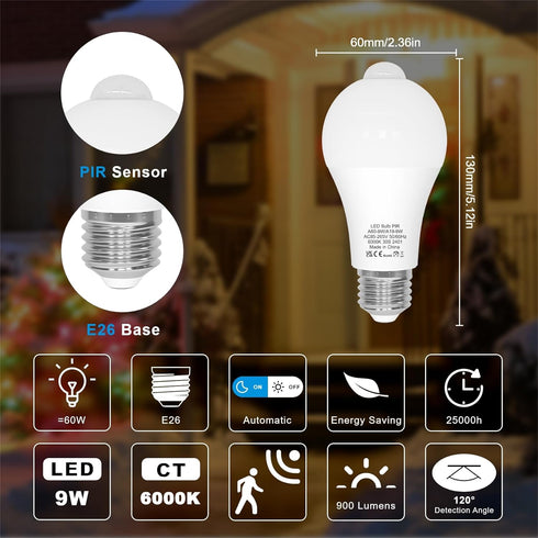 ORALUCE Motion Sensor Light Bulbs Indoor Outdoor 60 watt Equivalent, A19 E26 9W Motion Activated LED Bulb 6000K Cool White, Motion Sensor Light fo...