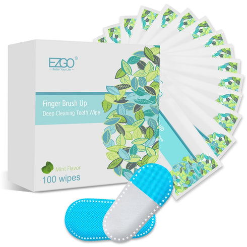 EZGO 100pcs Deep Cleaning Teeth Wipes Finger Brush Teeth Wipes Oral Brush Ups Latex Free Mint Flavor...