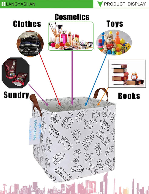 LANGYASHAN Square Storage Baskets Waterproof Canvas Children Laundry Nursery Hamper for Shelves Gift Baskets Toy Organizer Room Decor(Vehicle)...